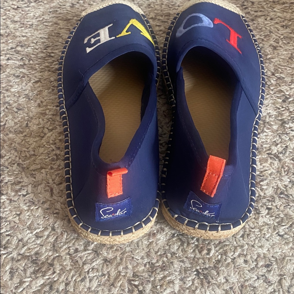 Sea star Beachwear Brand New Never Worn Navy Espadrilles  'LOVE' Embroidery - Picture 3 of 3